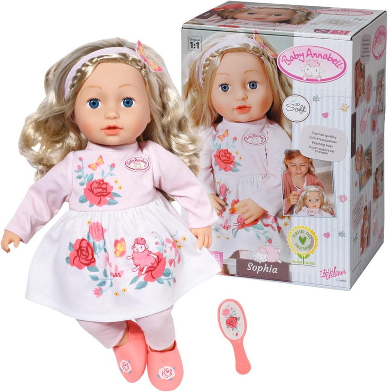Zapf Creation 706572 Baby Annabell Sophia 43cm- weiche Stoffpuppe mit langen blonden Haaren, rosa Pu