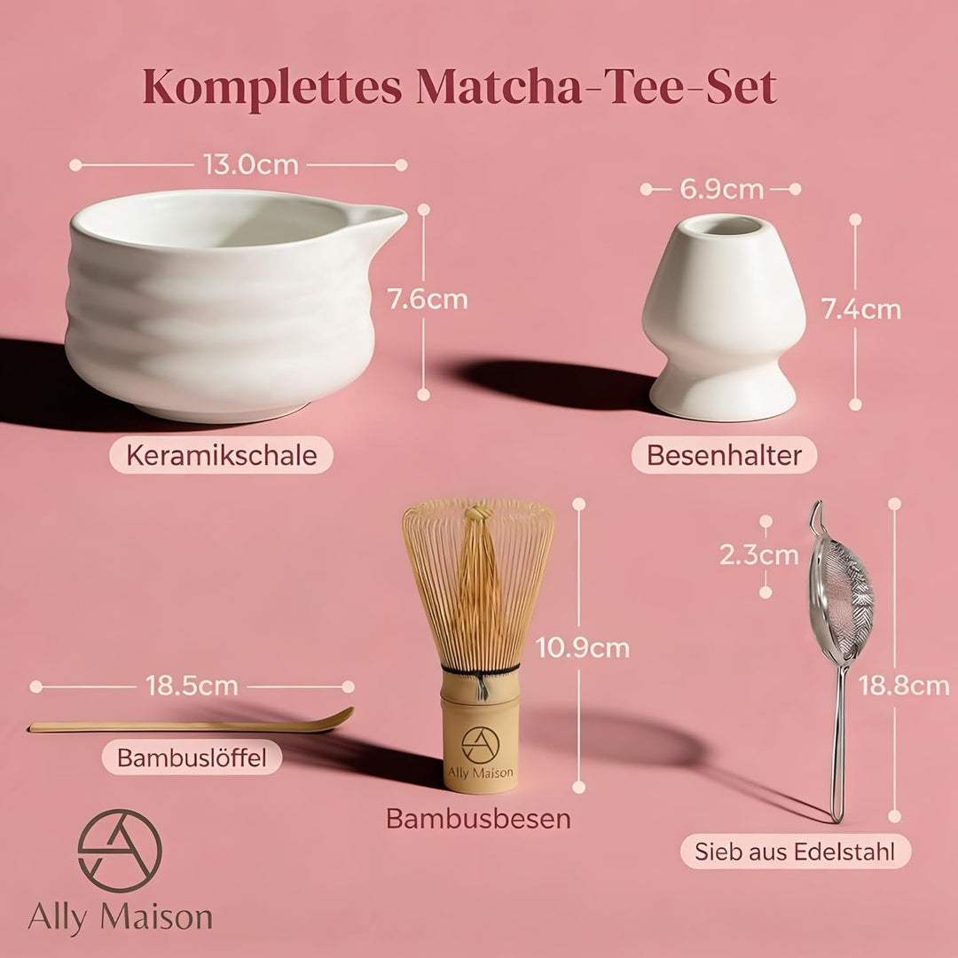 Design Matcha Set 5-teilig – Hochwertige Keramikschale mit Bambusbesen (Chasen) – Stilvolles Zubehör