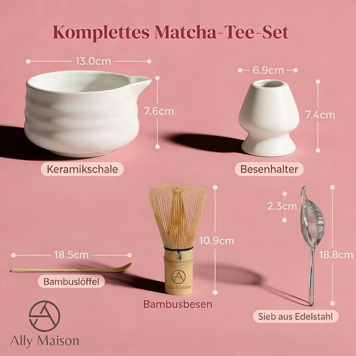 Design Matcha Set 5-teilig – Hochwertige Keramikschale mit Bambusbesen (Chasen) – Stilvolles Zubehör