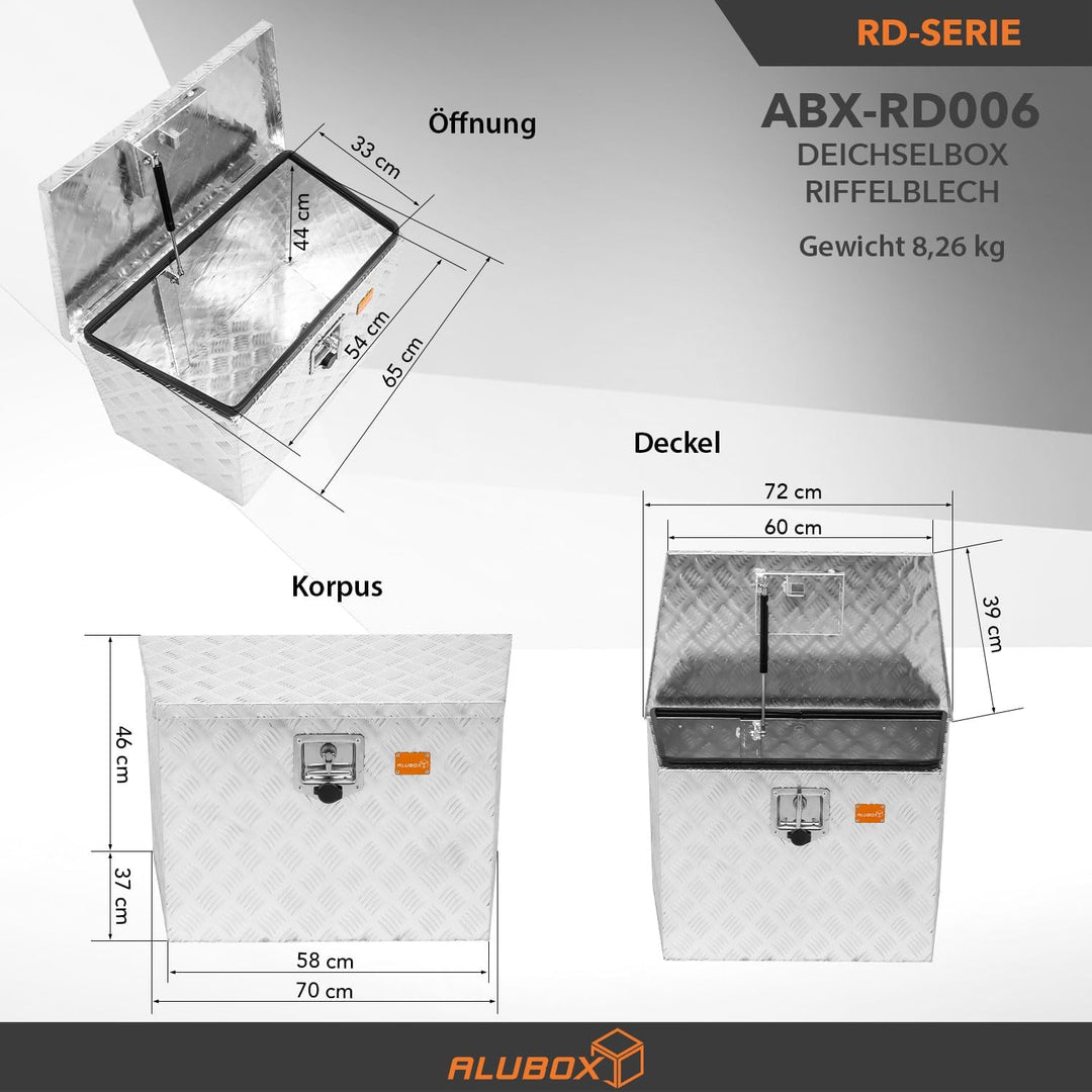ALUBOX Riffelblech Deichselbox XL für PKW Anhänger - Anhängerbox 1,5 mm Aluminium 72/60 x 46 x 39 cm