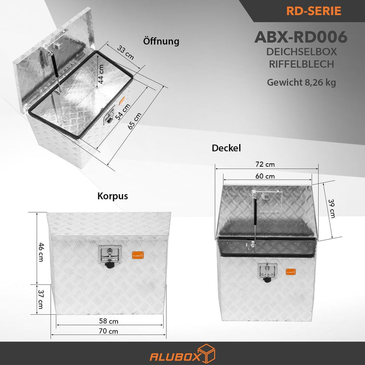 ALUBOX Riffelblech Deichselbox XL für PKW Anhänger - Anhängerbox 1,5 mm Aluminium 72/60 x 46 x 39 cm
