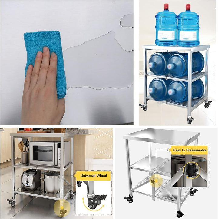 AMSXNOO Arbeitstisch Edelstahl, 3 Ebenen Faltbar Servierwagen Edelstahl Rollwagen Küchentisch mit 4