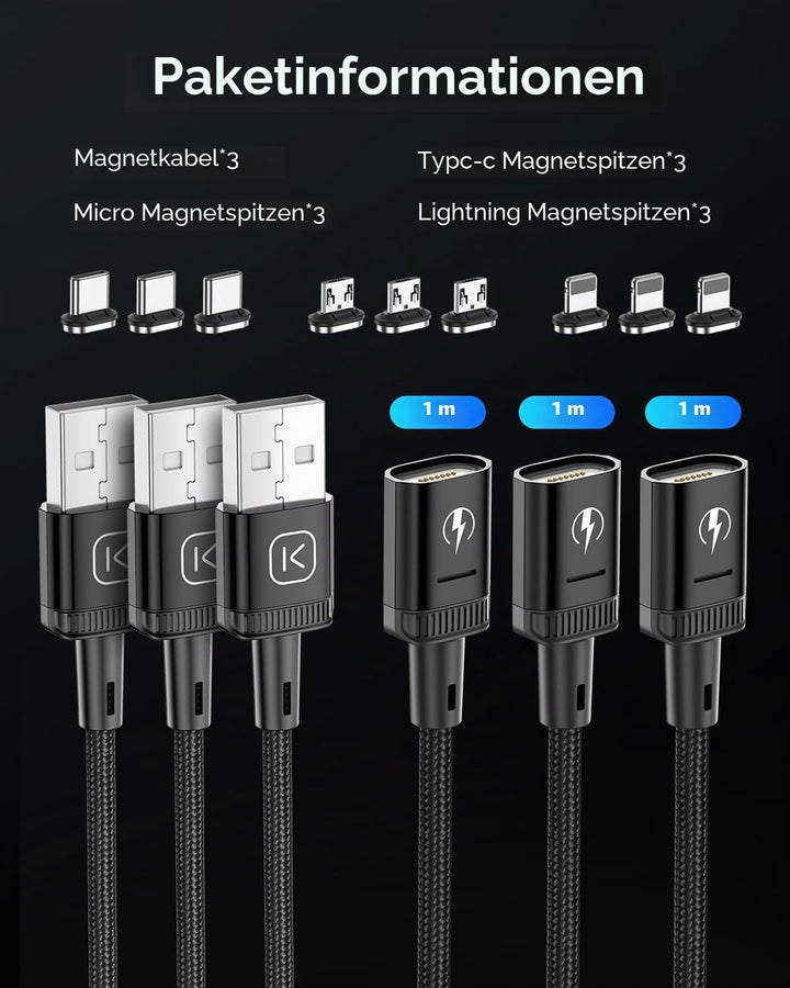 Kuulaa 3-in-1-Magnetladekabel [3 Stück], 3A-Schnellladekabel Magnet Ladekabel aus Nylon, geflochten
