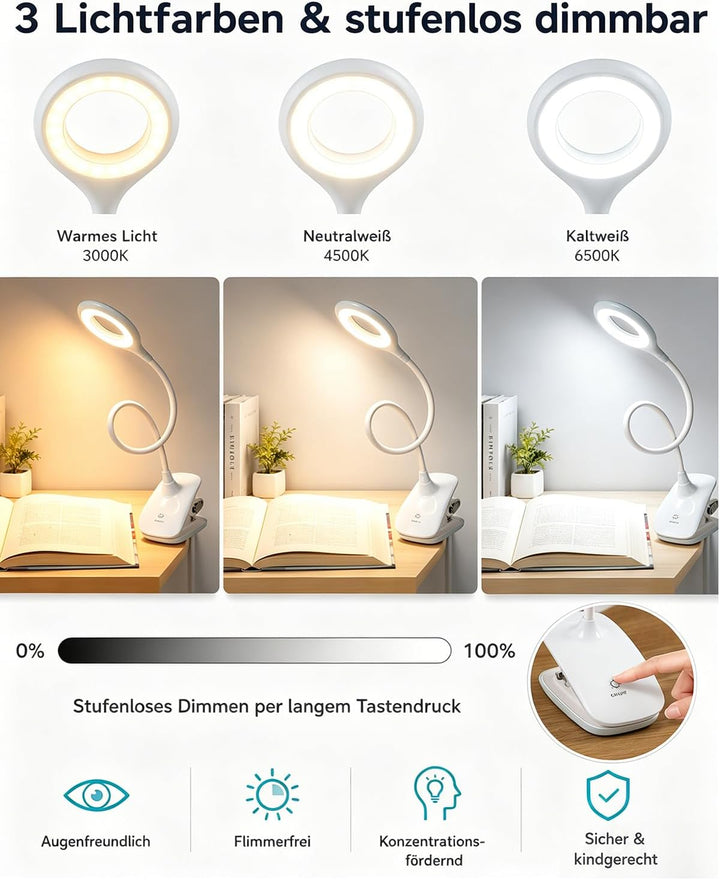 Klemmlampe Bett, LED Leselampe Bett Touch Dimmbar 3 Farben Bettlampe Klemmleuchte Augenschutz Schwan