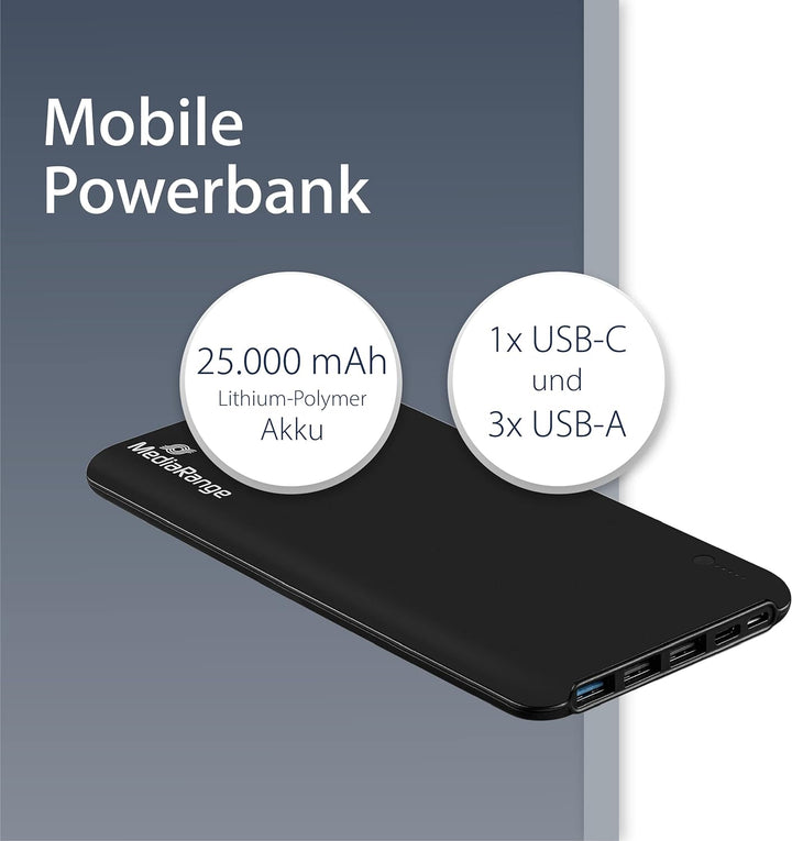 MediaRange Mobiles Ladegerät I Powerbank 25.000mAh, 3x USB-A und 1x USB-C®, unterstützt USB-C® Power