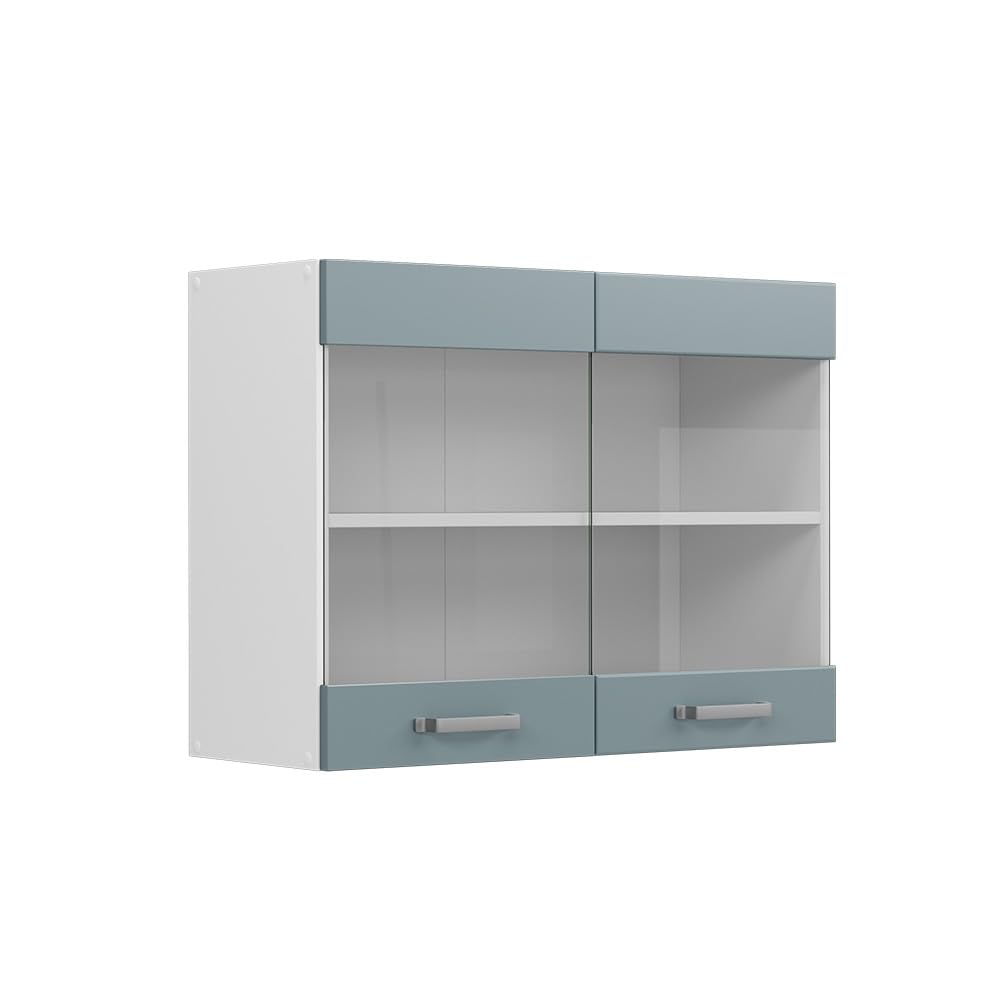 Vicco Küchenglasschrank R-Line, Glashängeschrank, Blau-Grau/Weiss, 80 cm, Blau-grau Hängeglassc