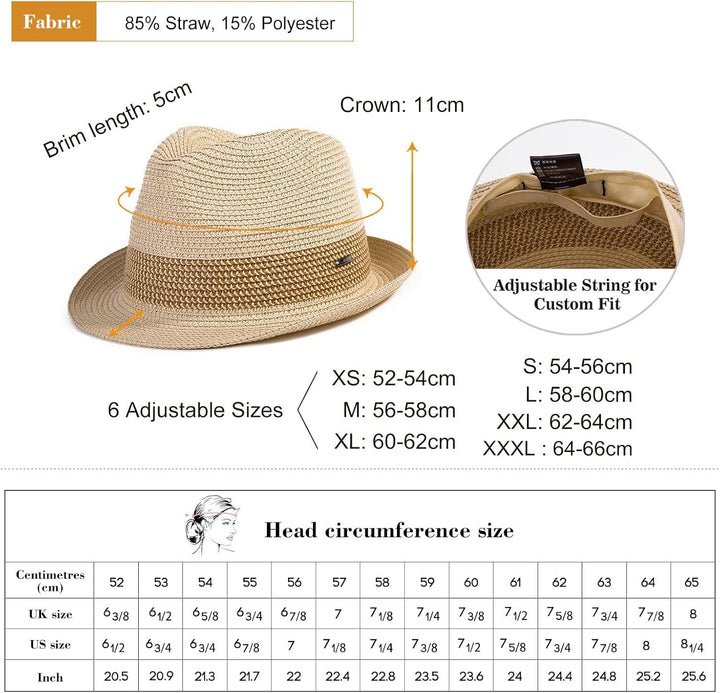Comhats Stroh-Trilby-Hut - Unisex Sommerhut für Herren und Damen - Fedora-Stil mit UV-Schutz - Natur