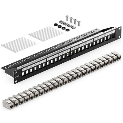 deleyCON 24 Port CAT 8 Patchpanel Set Verteilerfeld Patchfeld 19" Zoll 1 HE + 24x RJ45 Keystone Jack