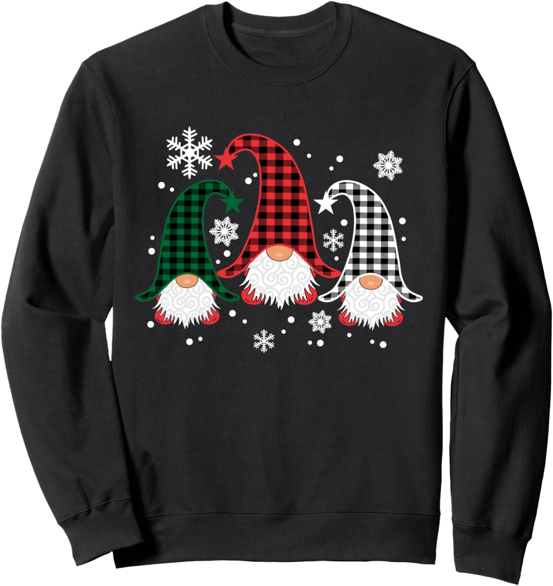 Drei Gnome-Büffel-karierte Weihnachtsschneeflocken Sweatshirt