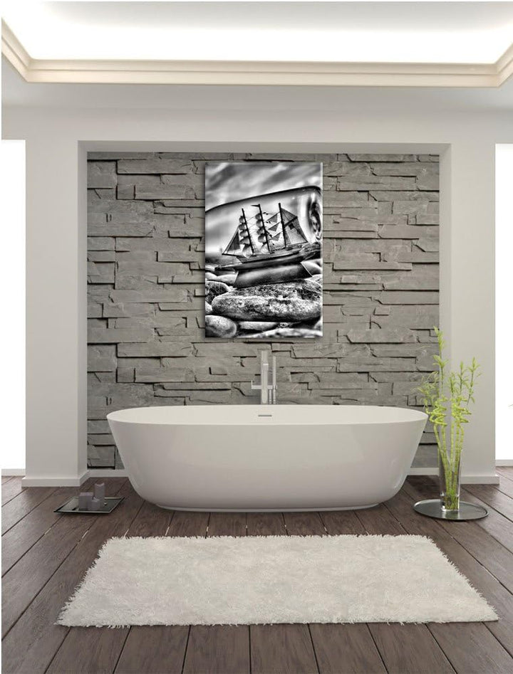 Pixxprint Flasche mit Schiff als Leinwandbild/Grösse: 100x70 cm/Wandbild/Kunstdruck/fertig bespannt,