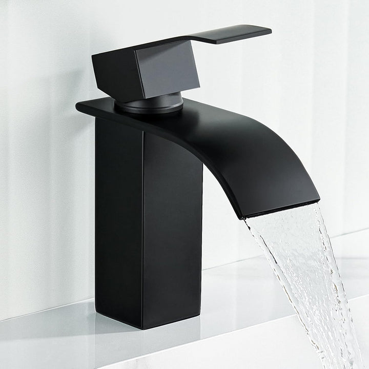 ANYCEE Wasserfall Wasserhahn Bad Schwarz mit Einhebel, Waschtischarmatur Schwarz mit Auslauf Höhe 8,