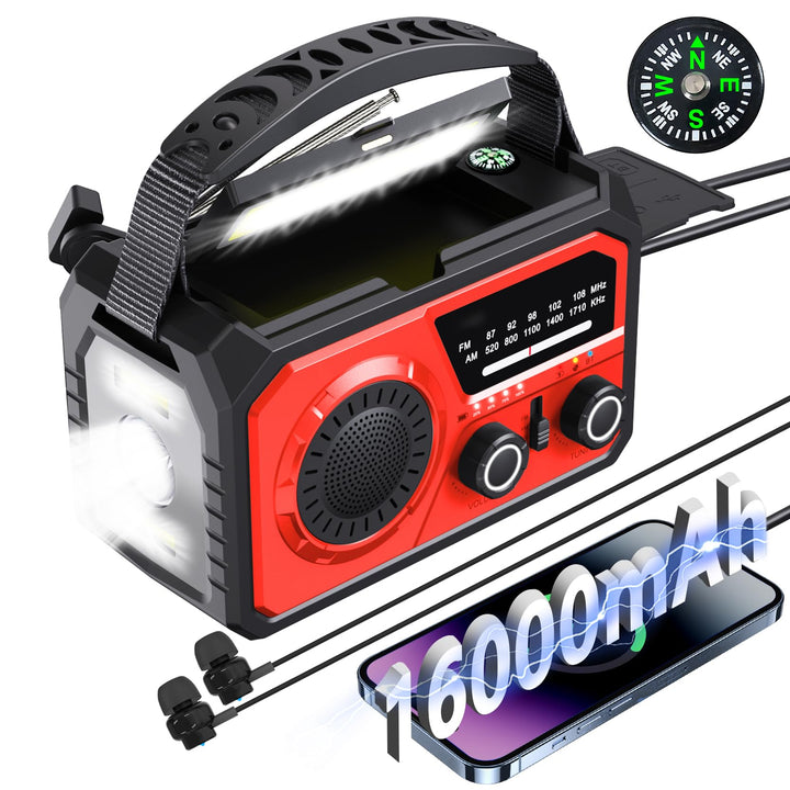 16000mAh Solar Radio,AM/FM Kurbelradio Tragbar USB Notfallradio mit 59200mWh Wiederaufladbare Batter
