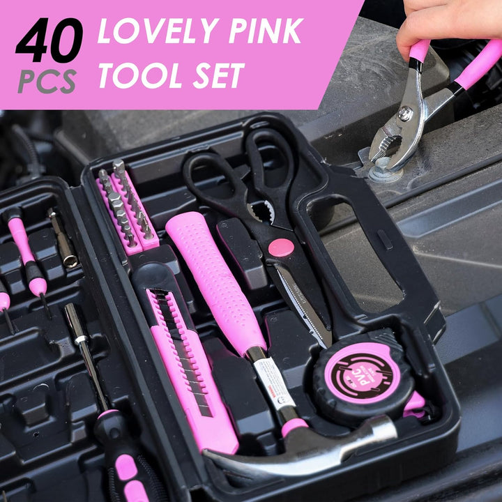 DOWELL 40 Stück Heimwerkzeugsatz Allgemeines Haushaltshand-Pink-Werkzeugset mit Kunststoff-Werkzeugk