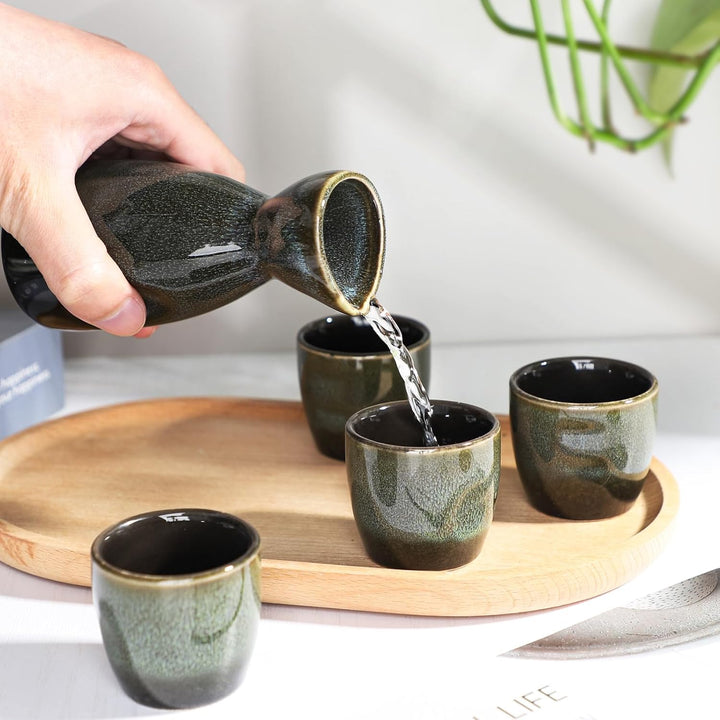 Keramik Sake Satz für Wärmeren Liquor Sake Set 1 Sake-topf mit 4 Sake Becher (Grün Schwarz), Grün Sc