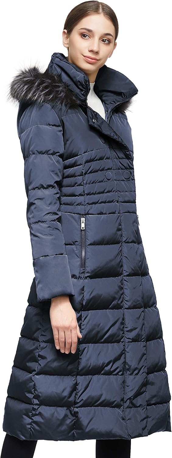 Orolay Damen Daunenmantel Lang Warm Winterjacke mit Kapuze Kunstpelz XXL Marine, XXL Marine