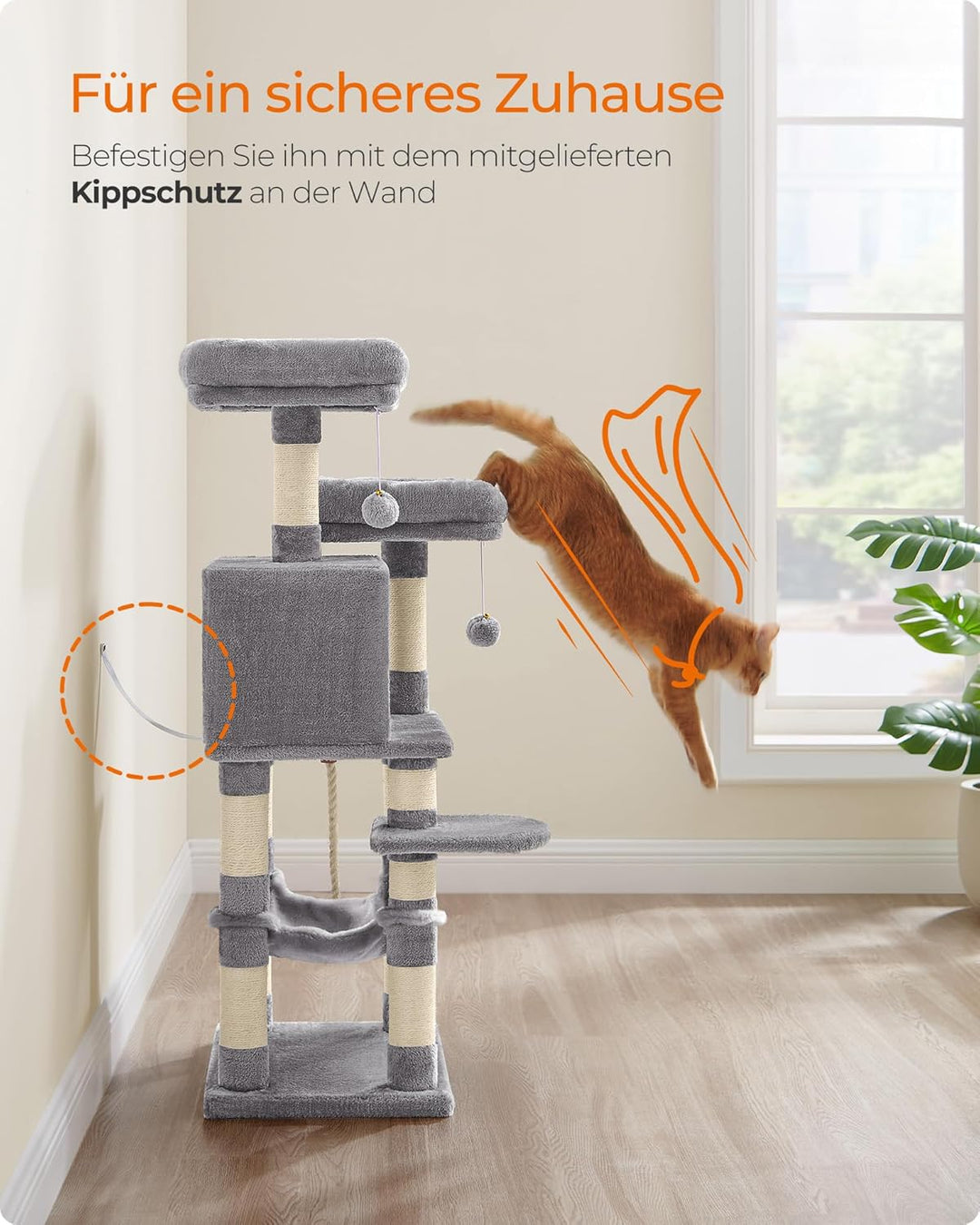 Feandrea Kratzbaum, 112 cm hoch, Katzenbaum mit 11 Kratzsäulen, 2 Plattformen, 1 Katzenhöhle, 1 Häng