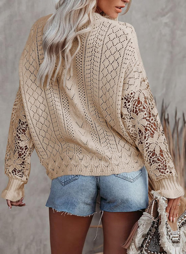 Maavoki Pullover Damen Spitze Strickpullover Lässige Rundhals Lace Langarm Häkelpullover Elegantes E