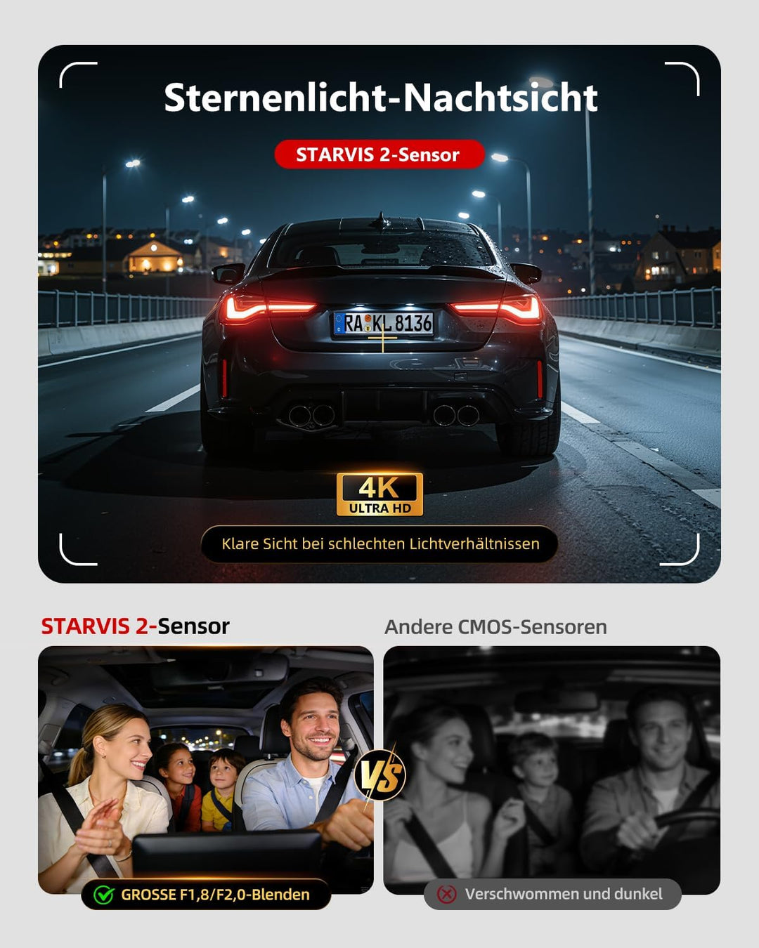3-Kanal Dashcam Auto Vorne Hinten und Innen mit STARVIS 2 Nachtsicht und HDR, 4k Dashcam Auto APP-St