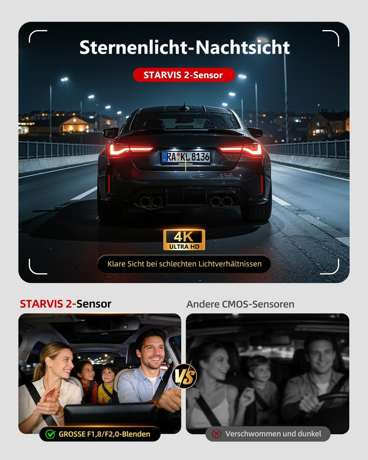 3-Kanal Dashcam Auto Vorne Hinten und Innen mit STARVIS 2 Nachtsicht und HDR, 4k Dashcam Auto APP-St
