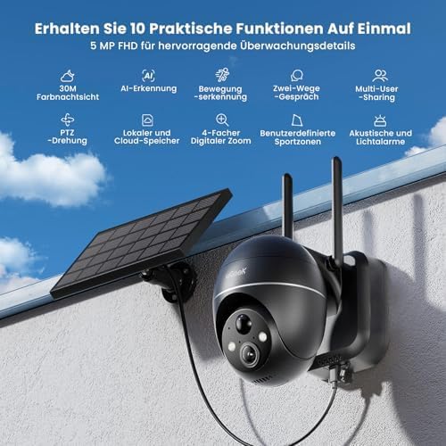 ieGeek 5MP Überwachungskamera Aussen Akku, PTZ Überwachungskamera Aussen WLAN mit Solarpanel,PIR-Bew