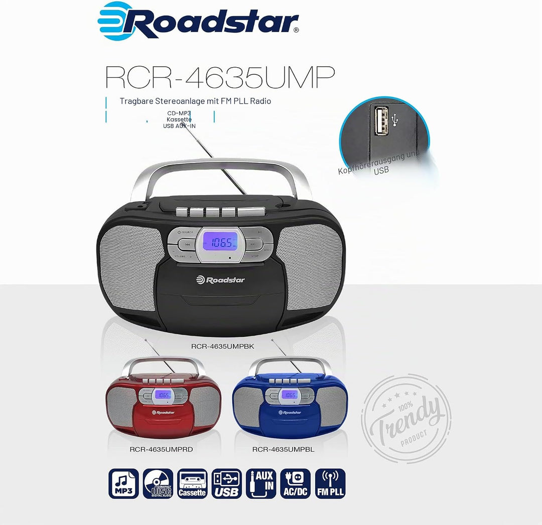 Roadstar RCR-4635UMP/RD Tragbares CD-Radio Kassette, Digitales PLL FM-Radio, Boombox CD-MP3-Player,