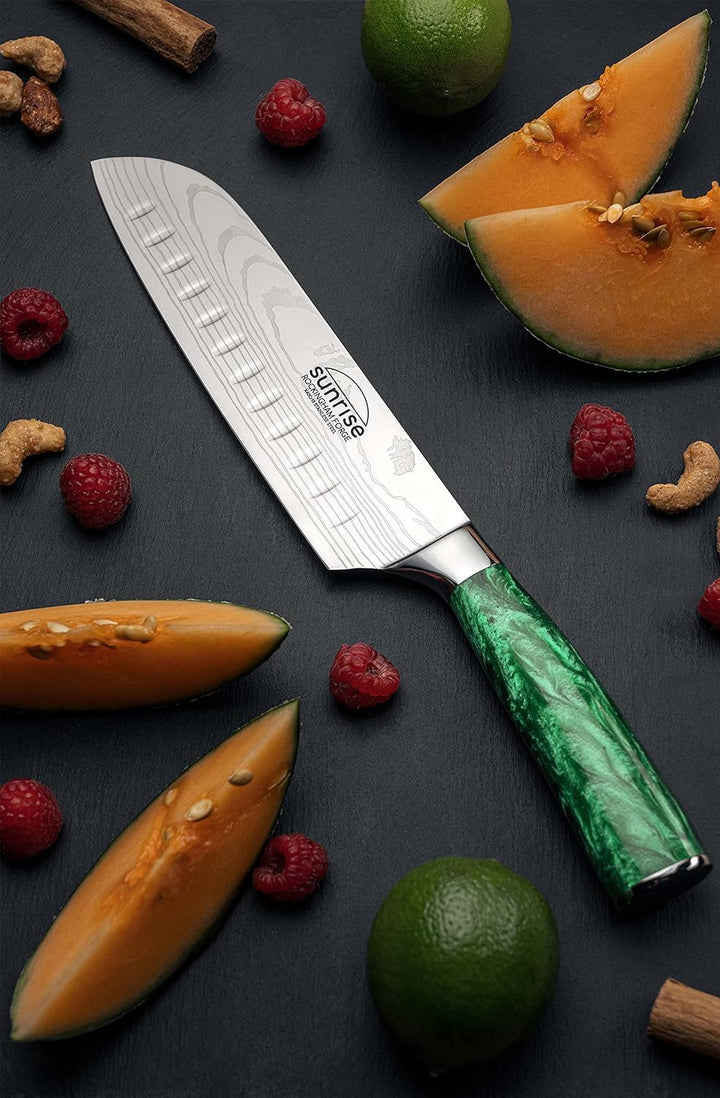 Rockingham Forge Sunrise Collection Emerald smaragd 7” Santokumesser mit hochwertiger Klinge aus X40