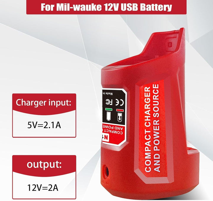 M12 Akku Ladegerät mit Typ-C Anschluss & DC 12V Ausgang, Ersatz-Netzteil für Milwaukee M12 12V Akku