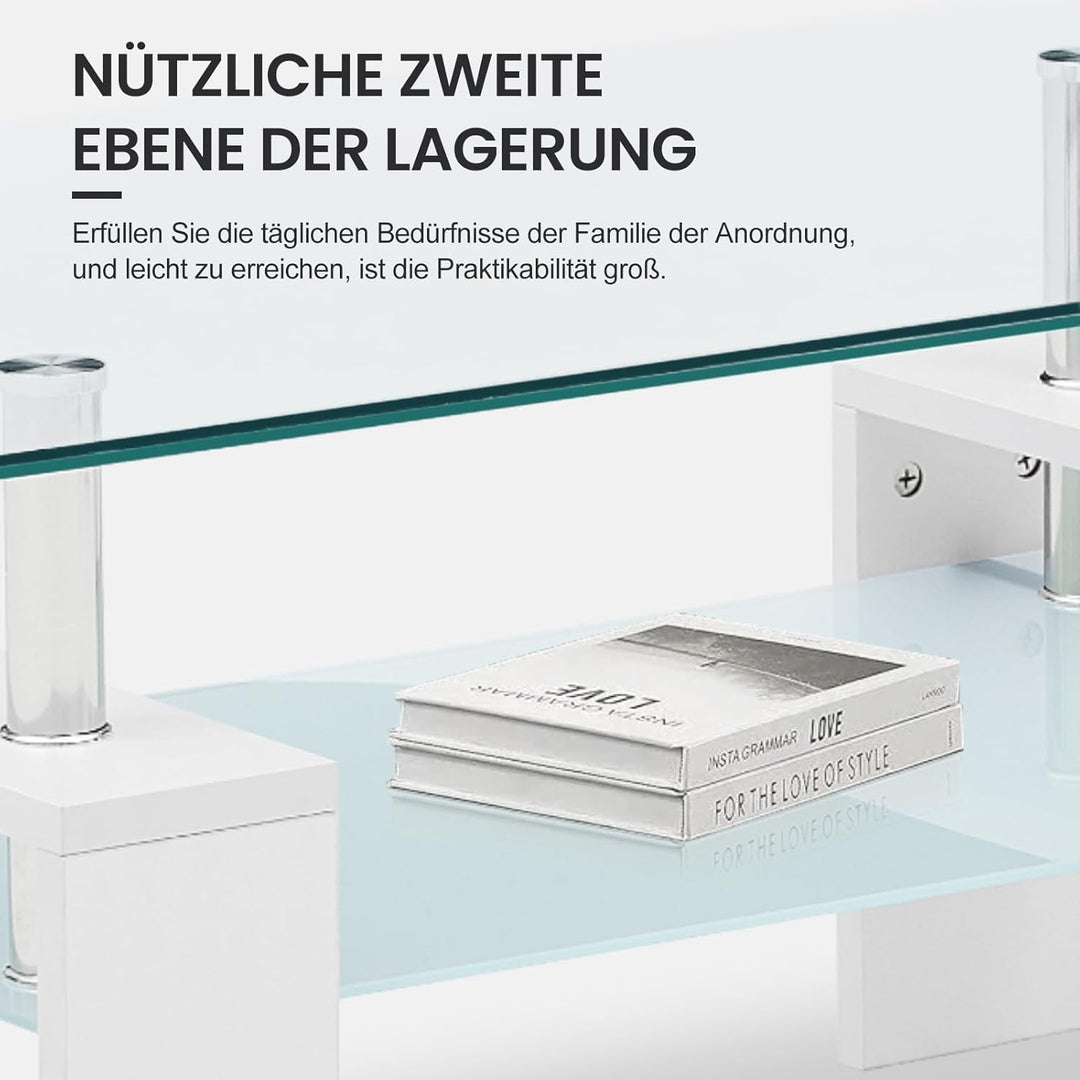 TUKAILAI Couchtisch Glas modern, Rechteckiger Wohnzimmertisch Beistelltisch mit unterer Ablage, Kaff