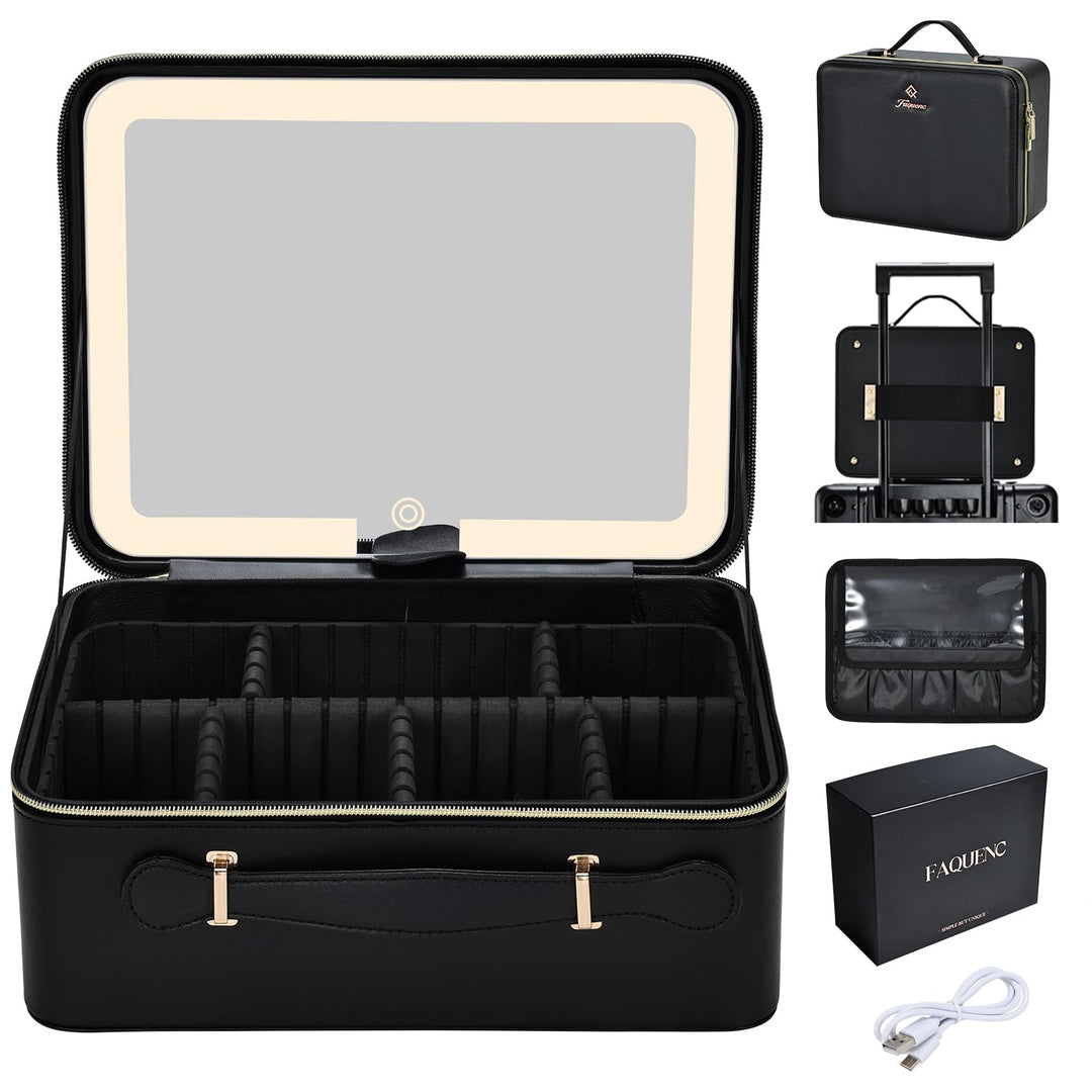 Leder-Kosmetiktasche mit LED-beleuchtetem Spiegel Reise-Kosmetikkoffer Einstellbare Helligkeit in 3