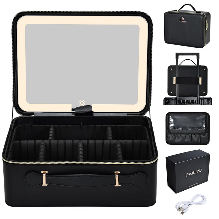 Leder-Kosmetiktasche mit LED-beleuchtetem Spiegel Reise-Kosmetikkoffer Einstellbare Helligkeit in 3