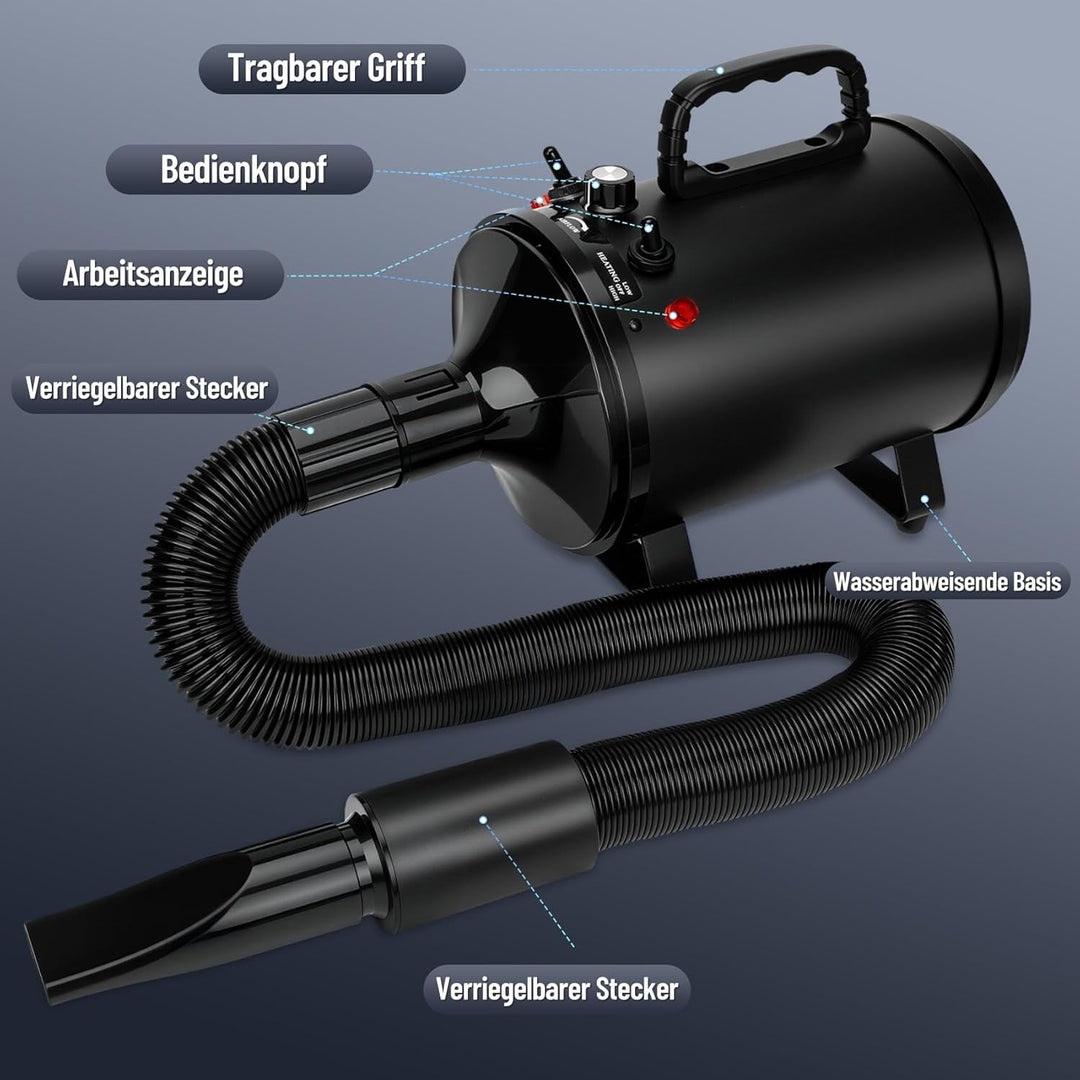 Hundefön 4,3PS/3200W mit 3 Temperaturstufen, stufenlos regelbarem Luftstrom und 5 Aufsätzen – Profes