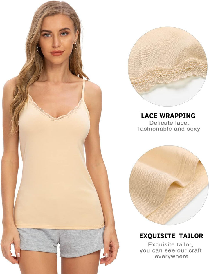 Damen Tanktop mit Spitzen Unterhemd Spaghettiträger Basic Top V-Ausschnitt Verstellbare Trägertop 4e