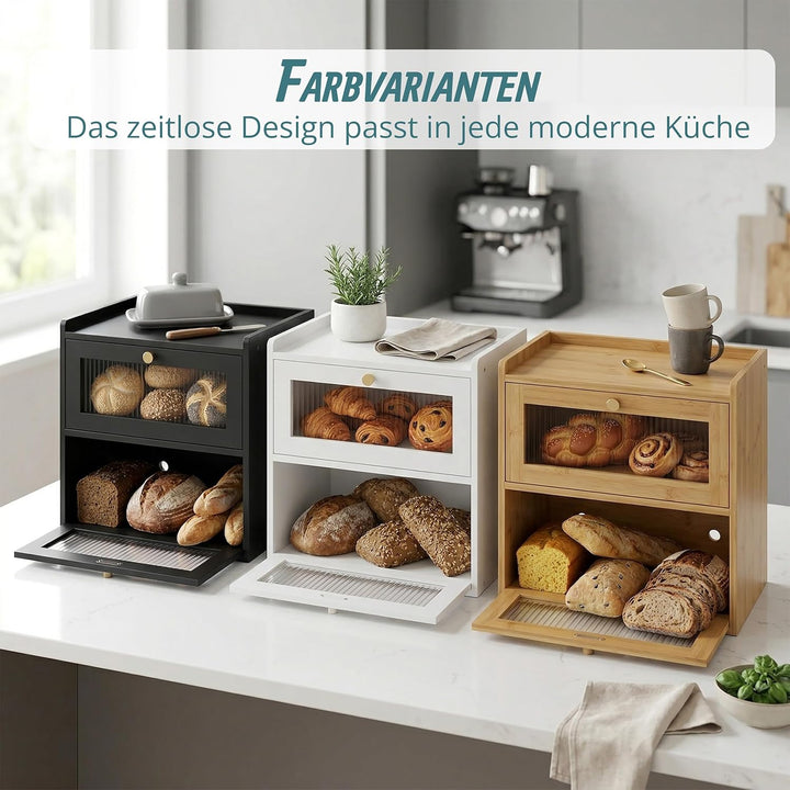 Relaxdays Brotkasten Bambus, 2 Etagen, Brotlade mit Sichtfenstern, Klapptüren, HBT: 34 x 36,5 x 24 c