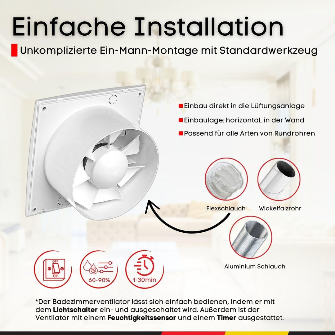 Steinberg14 Badlüfter Ø 150mm mit Feuchtigkeitssensor und Zeitnachlauf (Timer) - Weiss Ventilator Ø