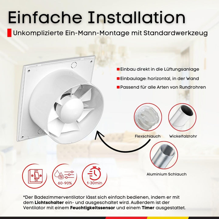 Steinberg14 Badlüfter Ø 150mm mit Feuchtigkeitssensor und Zeitnachlauf (Timer) - Weiss Ventilator Ø