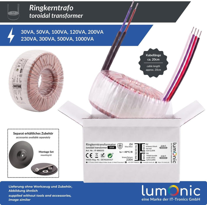 Sedlbauer Ringkerntrafo Transformator 50VA 2x9V für Audio, Industrie, Halogen und Schienensysteme -