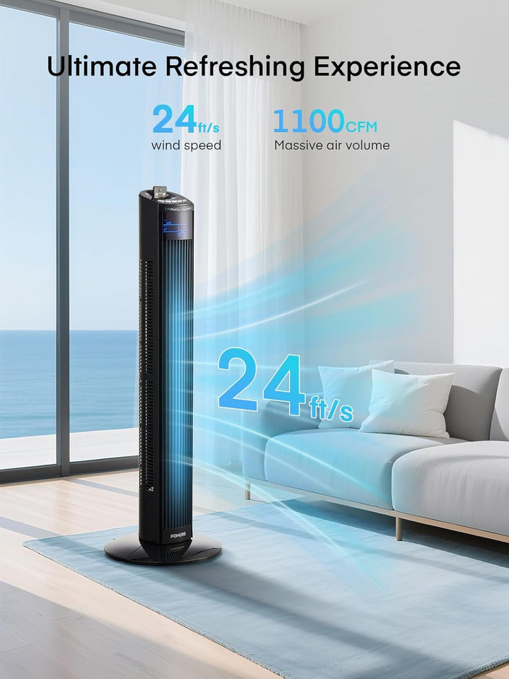 FOHERE Leiser Turmventilator, 91CM Oszillierender Stand Ventilator mit Kühlung Fernbedienung, 12-Stu