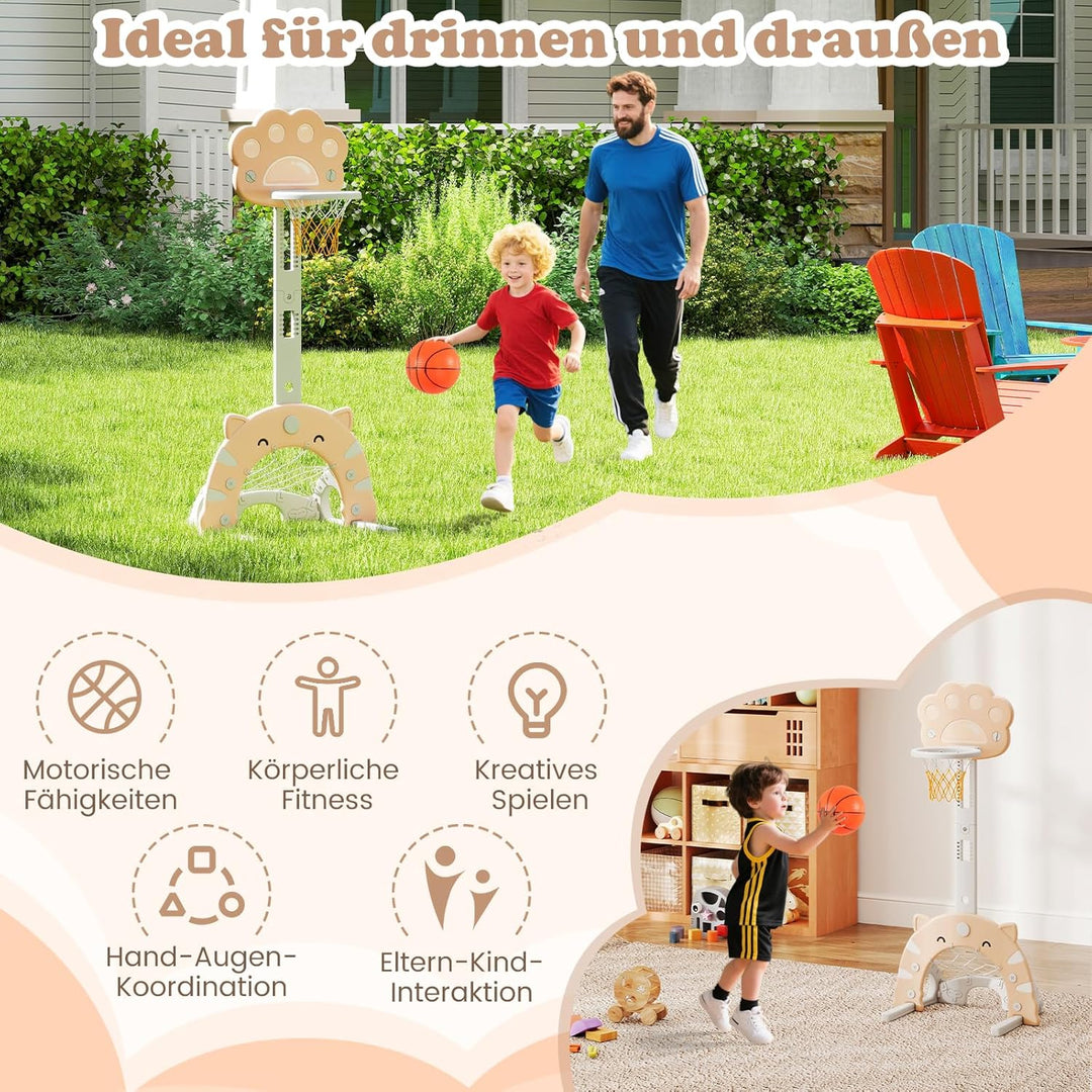 DREAMADE Basketballkorb Kinder, 3-in-1 Basketballständer höhenverstellbar 130-151 cm mit Fussballtor