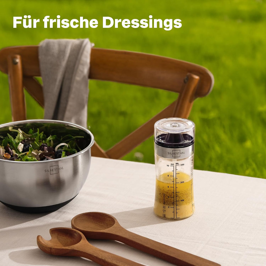 SILBERTHAL Dressingshaker Klein aus Glas mit Rezepten – 300 ml – Spülmaschinenfest - Neuer Deckel &