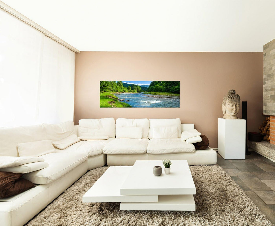 Paul Sinus Art Panoramabild auf Leinwand und Keilrahmen 150x50cm Landschaft Wald Wiese Fluss Himmel