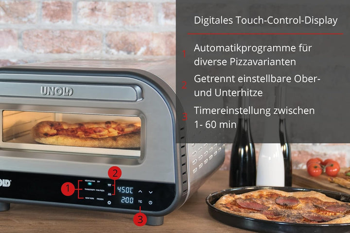 Unold Luigi Pizzaofen elektrisch 450 °C mit Pizzastein & Pizzaschieber Aluminium – Digitaler Pizzaof