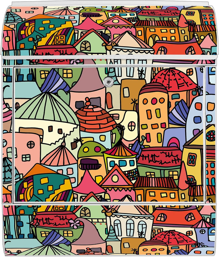 banjado® Design Briefkasten mit Motiv Funky Town 39x47x14cm &amp; 2 Schlüssel - Briefkasten Stahl weiss