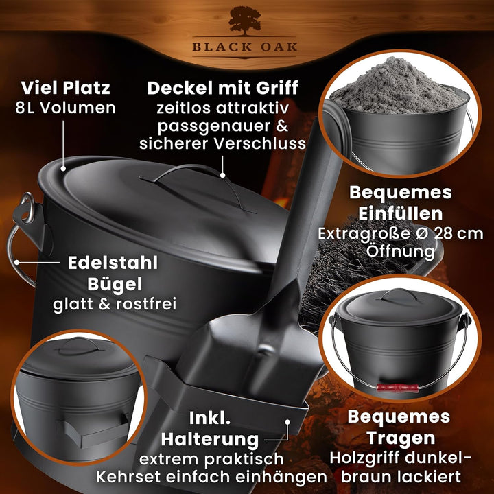BLACK OAK Ascheeimer LANIN 8L - Asche-Eimer schwarz mit Deckel & Holz-Griff DUNKEL + Feger + Schaufe