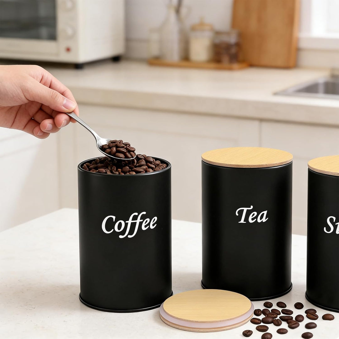 3 Stück Kaffeedose Luftdicht 500 ml Kaffeebohnen Behälter mit Holzdeckel, Kaffeedose Schwarz Matt Ka