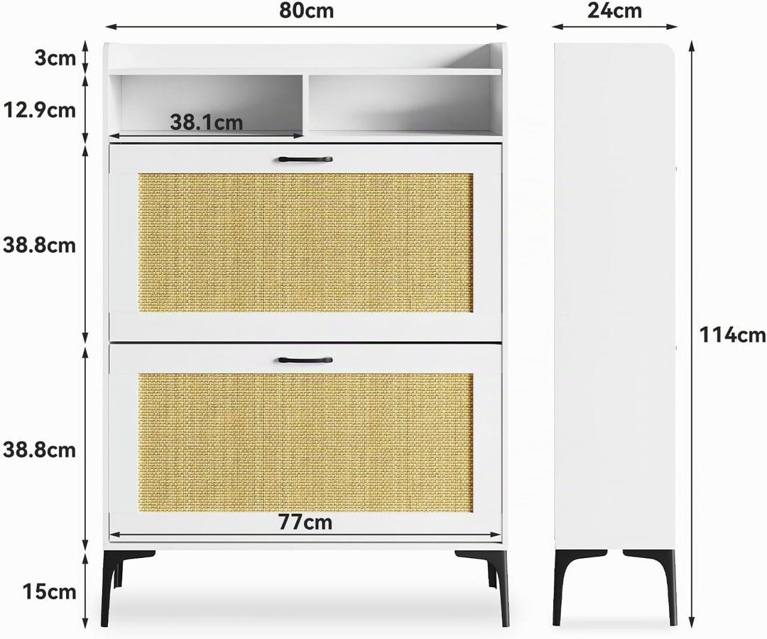 Dripex Schuhschrank schmal, Schuhkipper mit Rattan-Dekor, mit 2 Flip-Schubladen,Schuhregal schmal mi