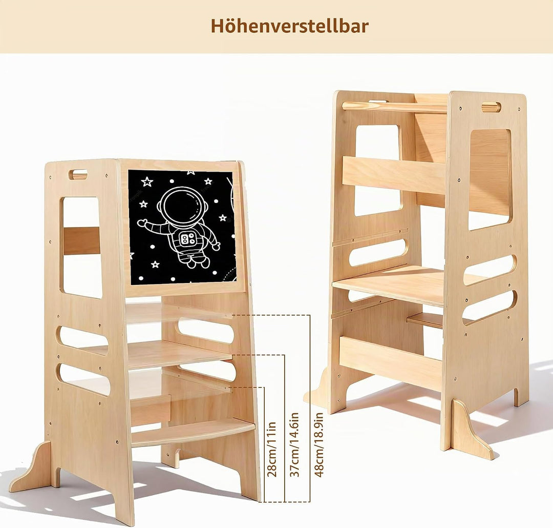 Montessori Lernturm mit Kreidetafel &amp; 3-stufig höhenverstellbar – 2-in-1 Küchenhelfer aus Holz für K