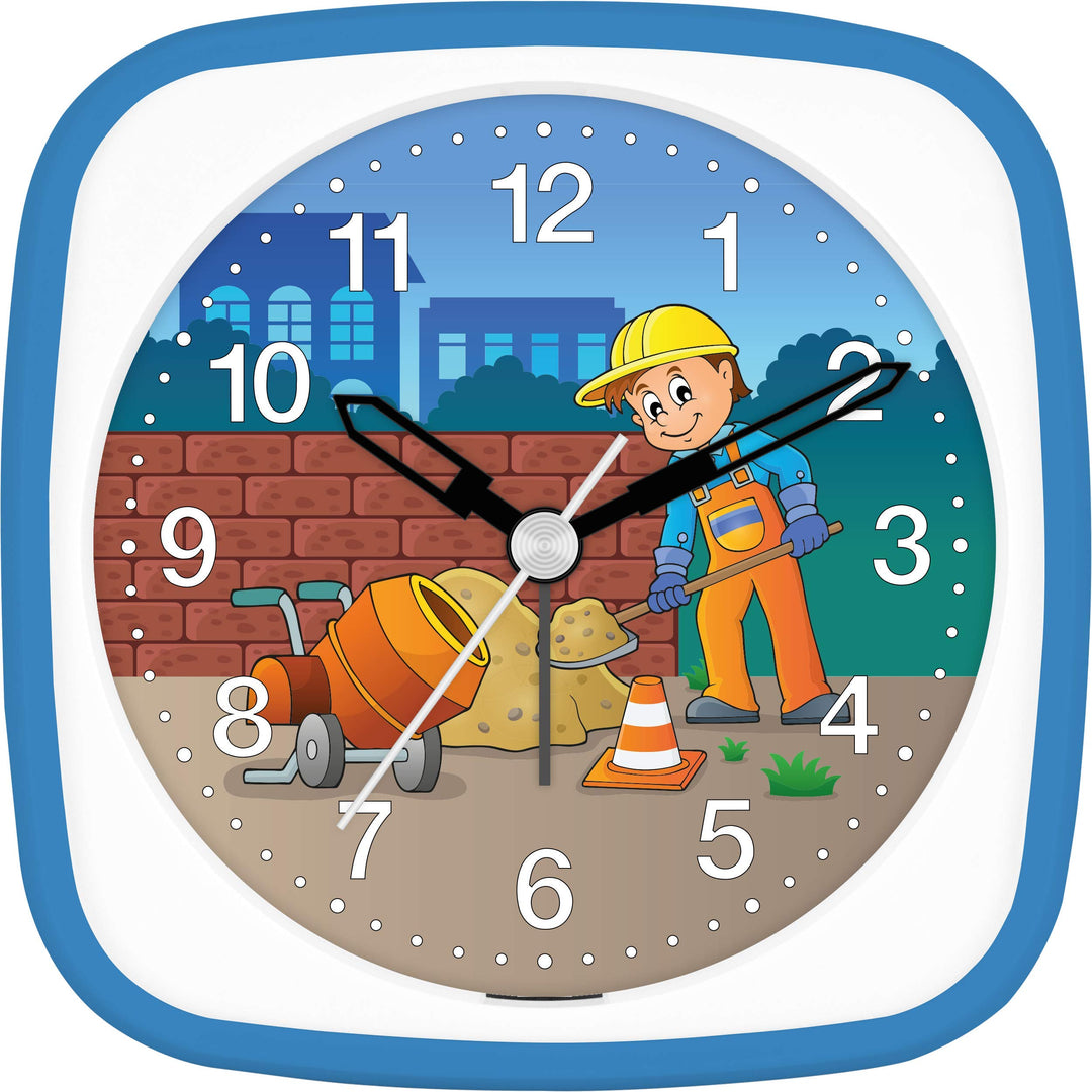 Eurotime Wecker Jungen Baustelle Bauarbeiter, Kinderwecker, Blau, Kunststoffgehäuse und Kunststoffgl