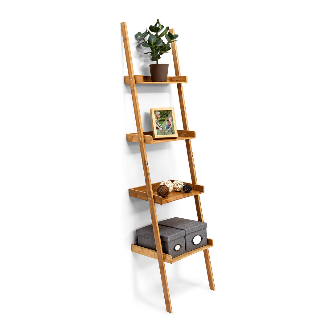 Relaxdays Leiterregal Bambus HxBxT 176 x 44 x 37 cm 4-stufiges Standregal mit Ablagen als dekorative