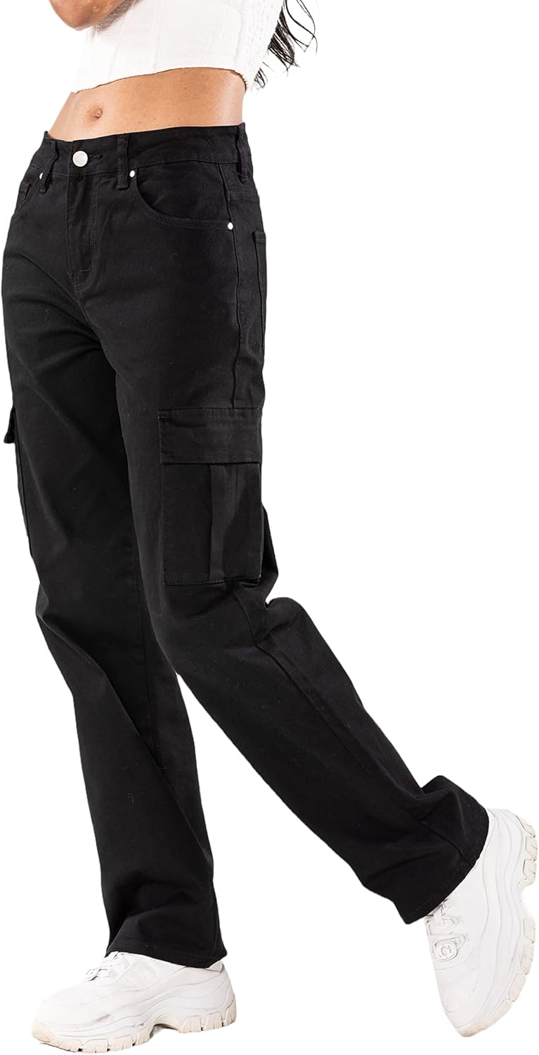 Q1885 Damen Cargo Jeans High Waist Cargohose Stretch Straight Leg Hose, S Schwarz (Q1885-1)