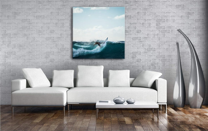 deyoli Cooler Surfer beim Wellenreiten Format: 70x70 als Leinwandbild, Motiv fertig gerahmt auf Echt